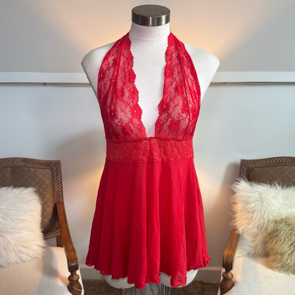 Vintage 90s Y2K Red Lace Babydoll Halter Top by Rene Rofe, 2000s Mesh Top
